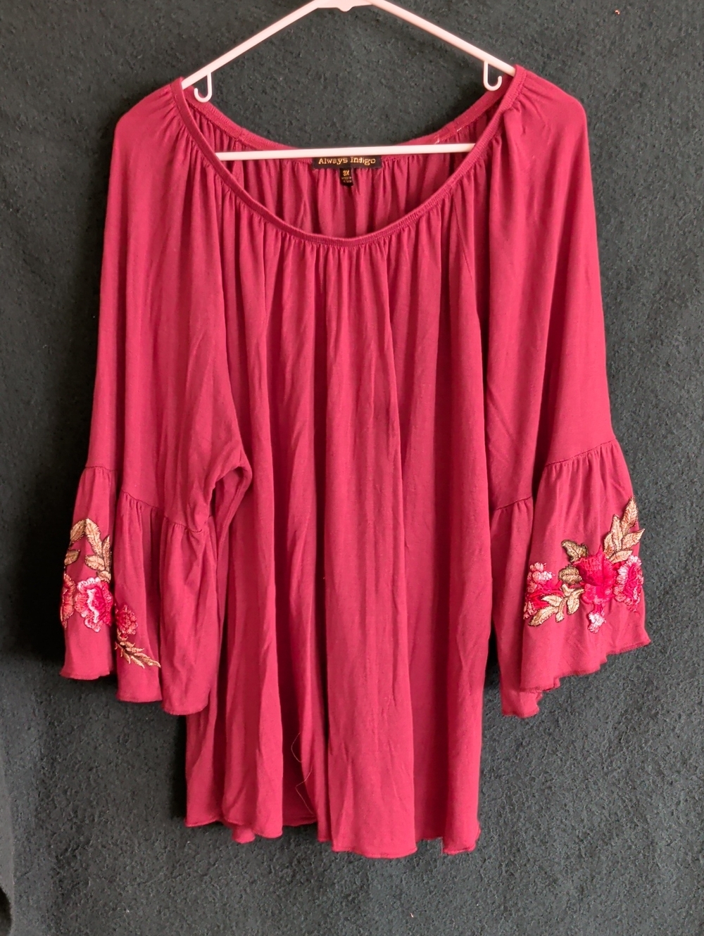 Women's Embroidered Bell Sleeve Top — Deep Wine
